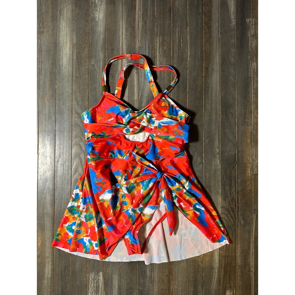 Floral Print Swimdress One Piece Swimsuit Twist Front Keyhole Red Blue Multi